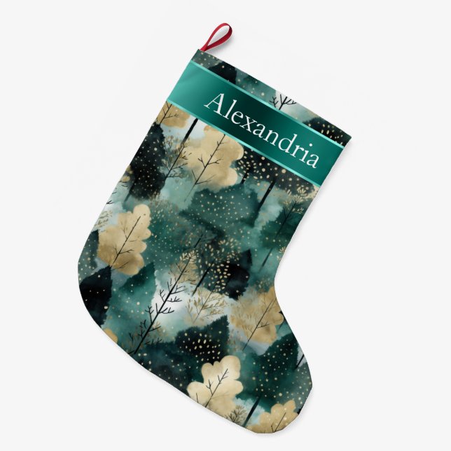 Gold Green White Trees Weihnachtsname Großer Weihnachtsstrumpf (Vorderansicht (hängend))