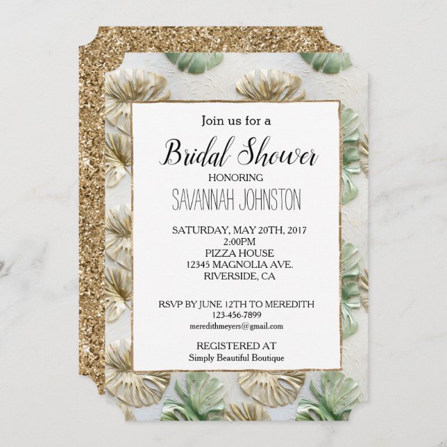 Gold Green White Tropical Blätter Brautparty Einladung (Vorne/Hinten)