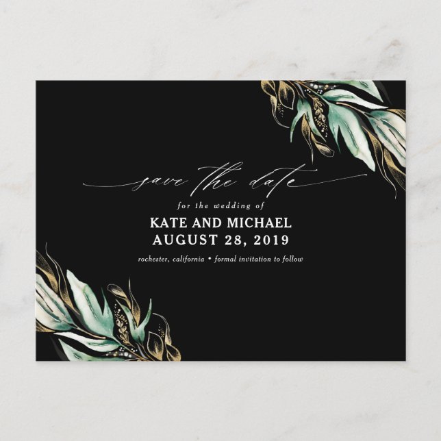 Gold Greenery Black Fall Save the Date Postkarte (Vorderseite)