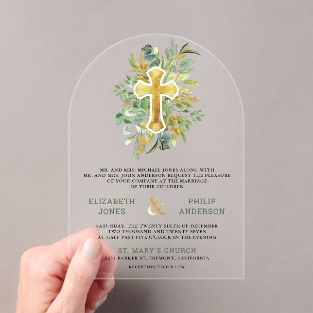 Gold Greenery Catholic Wedding Acryleinladungen (Insitu (Handheld))