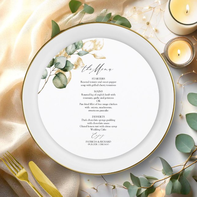 Gold Greenery Circle Wedding Menu Card Einladung (Von Creator hochgeladen)