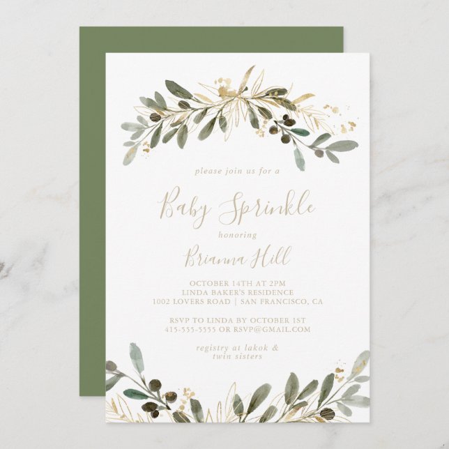 Gold Greenery Fall Baby Sprinkle Einladung (Vorne/Hinten)
