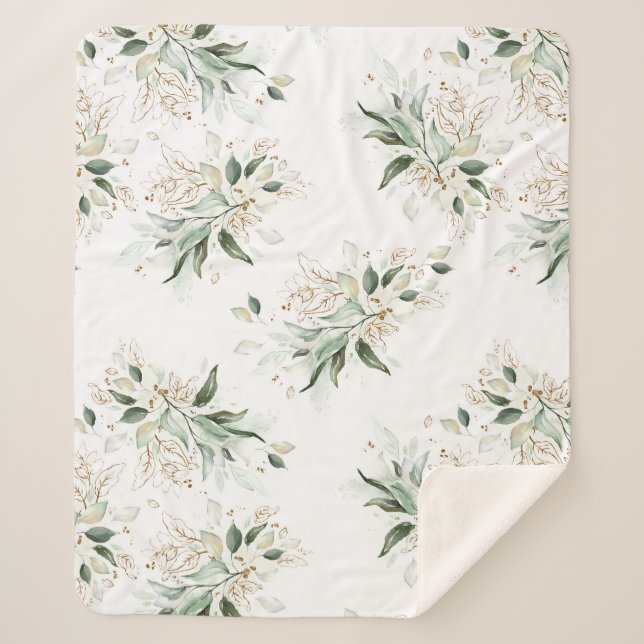 Gold Greenery Foliage Elegante Weiß Romantik Sherpadecke (Vorderseite)