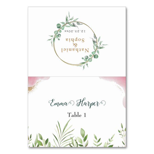 Gold Greenery Guest Name Wedding Platzkarte Tischnummer (Vorderseite)