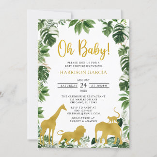 Gold Greenery Jungle Safari Animals Baby Dusche Einladung