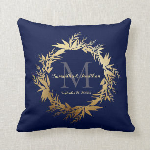 Gold Greenery Monogram Navy Blue Wedding Keepake Kissen