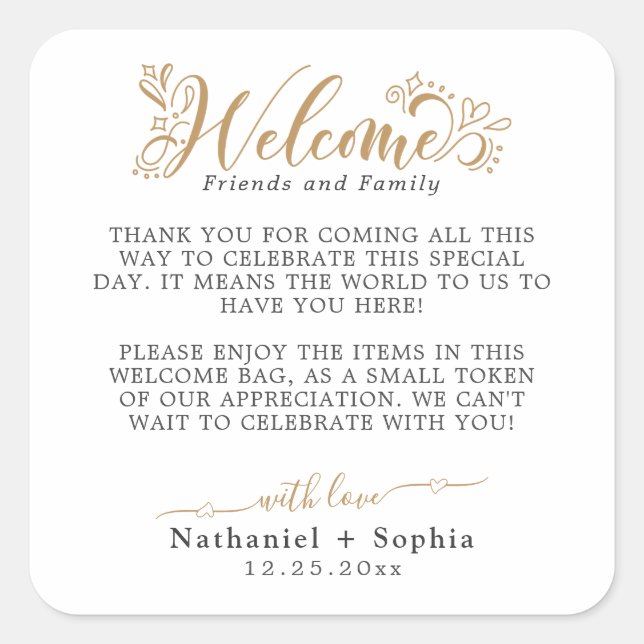 Gold Greenery Wedding Welcome Square Sticker (Vorderseite)