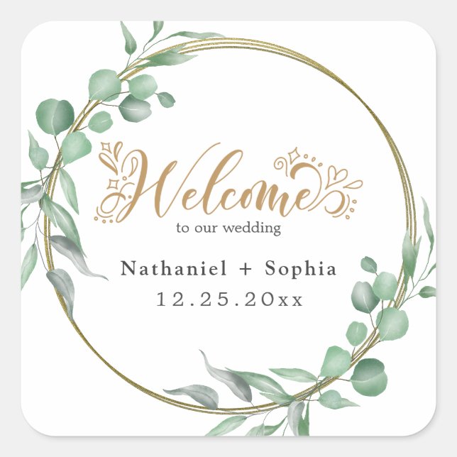 Gold Greenery Wedding Welcome Square Sticker (Vorderseite)