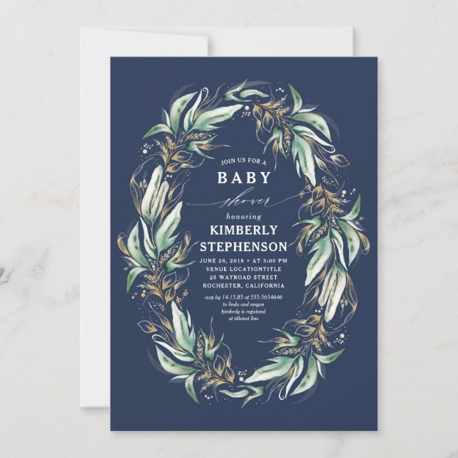 Gold Greenery Wreath Navy Blue Boho Baby Shower Einladung (Vorderseite)