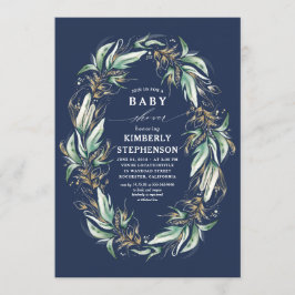 Gold Greenery Wreath Navy Blue Boho Baby Shower Einladung
