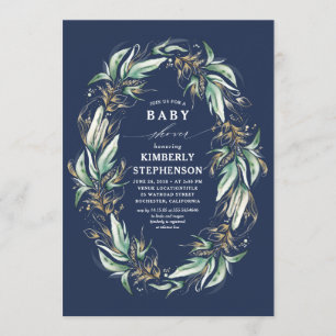 Gold Greenery Wreath Navy Blue Boho Baby Shower Einladung