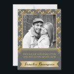 Gold, grey snowflake Frohe Weihnachten photo<br><div class="desc">Gold, grey snowflake pattern and frame Frohe Weihnachten und ein gutes neues Jahr Christmas flat photo card featuring a gold snowflake, a grey frame with gold outline, a gold banner and a pattern with snowflakes. This modern, elegant and stylish template design is totally customizable and is perfect for your holiday...</div>