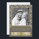 Gold, grey snowflake Frohe Weihnachten photo<br><div class="desc">Gold, grey snowflake pattern and frame Frohe Weihnachten und ein gutes neues Jahr Christmas flat photo card featuring a gold snowflake, a grey frame with gold outline, a gold banner and a pattern with snowflakes. This modern, elegant and stylish template design is totally customizable and is perfect for your holiday...</div>