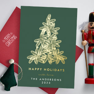 Gold & Grün Frohe Weihnachten Tannenbaum Glücklich Folien Feiertagskarte