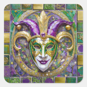 Gold Grün Lila Mardi Gras Narrenmaske Quadratischer Aufkleber