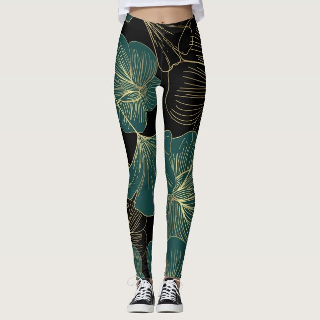 Gold-grüne Blätter Leggings (Vorderseite)