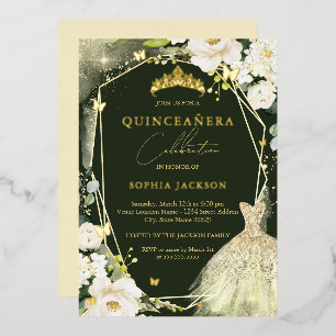 Gold Grüne Blumen-Tiara-Kleid Quinceanera Folieneinladung