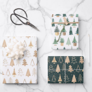 Gold Grüne Boho-Weihnachtsbäume Trendig Geschenkpapier Set