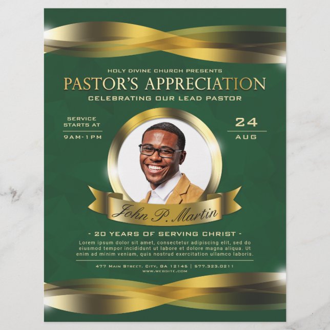 Gold & Grüne Pastor's Appreciation Kirche Service Flyer (Vorne)