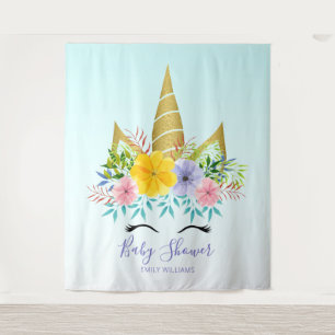 Gold halten Blumen-Einhorn-Babydusche Wandteppich