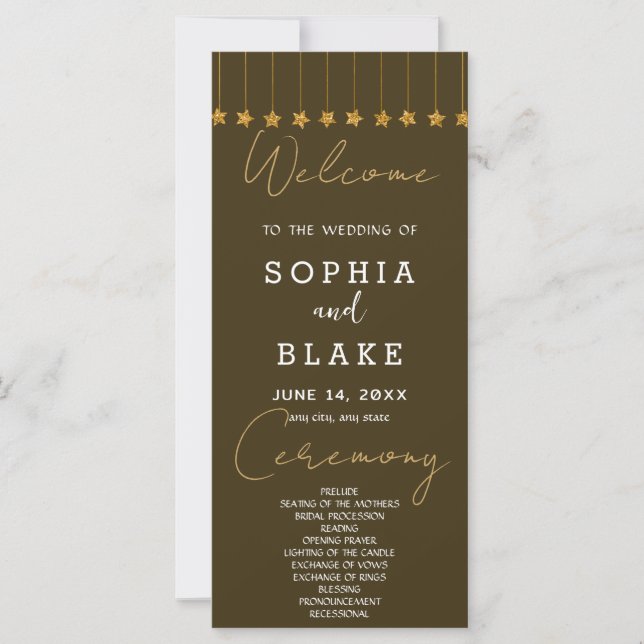 Gold Hanging Stars Dark Brown Wedding Program (Vorderseite)