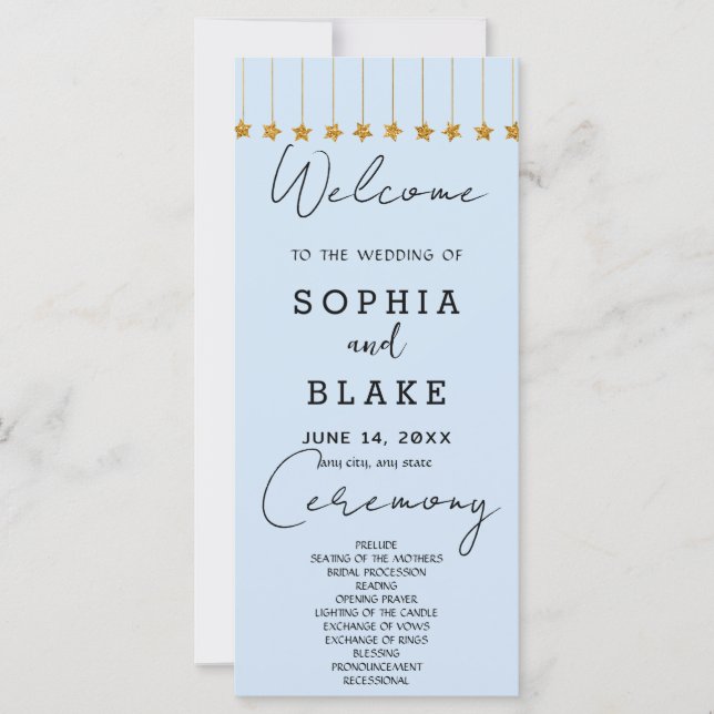 Gold Hanging Stars Light Blue Wedding Program (Vorderseite)