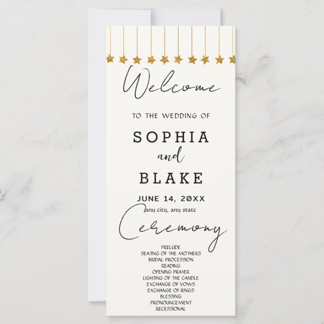 Gold Hanging Stars Off White Wedding Programm (Vorderseite)