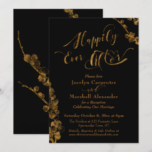 Gold Happily Ever After mit Botanicals auf Schwarz Einladung