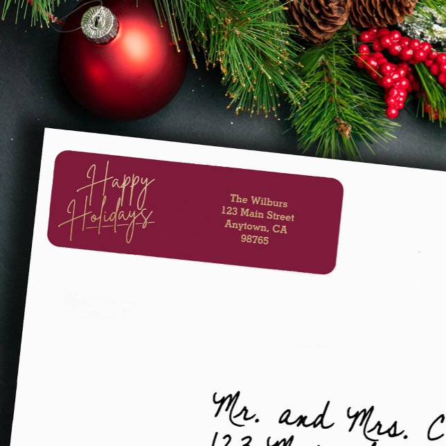 Gold Happy Holidays Cranberry Return Address (Gold script Happy Holidays on small cranberry horizontal return address labels)