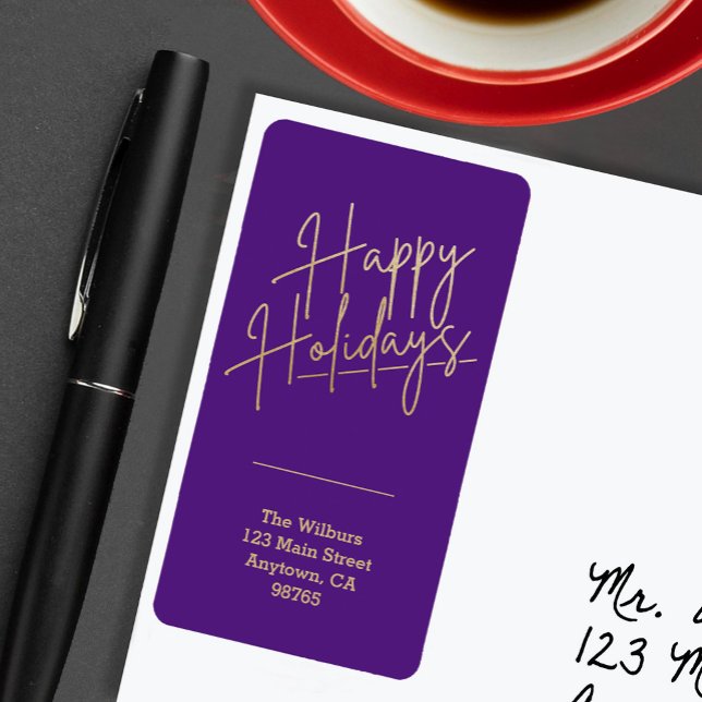 Gold Happy Holidays Purple Return Address Adressaufkleber (Von Creator hochgeladen)