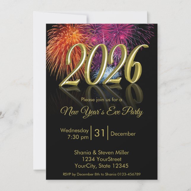 Gold Happy New Year 2026 Fireworks Invitation Einladung (Vorderseite)