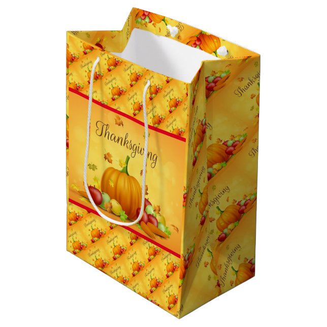 Gold Happy Thanksgiving Fall Geschenk Mittlere Geschenktüte (Vorderseite Schrägansicht)