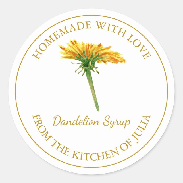Gold hausgemachte Dandelion Sirup Label | weiß Runder Aufkleber (Vorderseite)