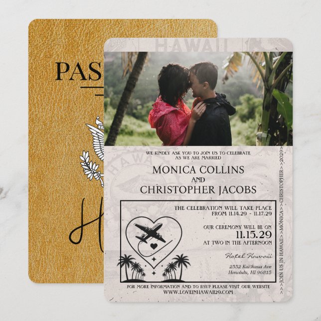 Gold Hawaii Pass Einladung zur Hochzeit (Vorne/Hinten)