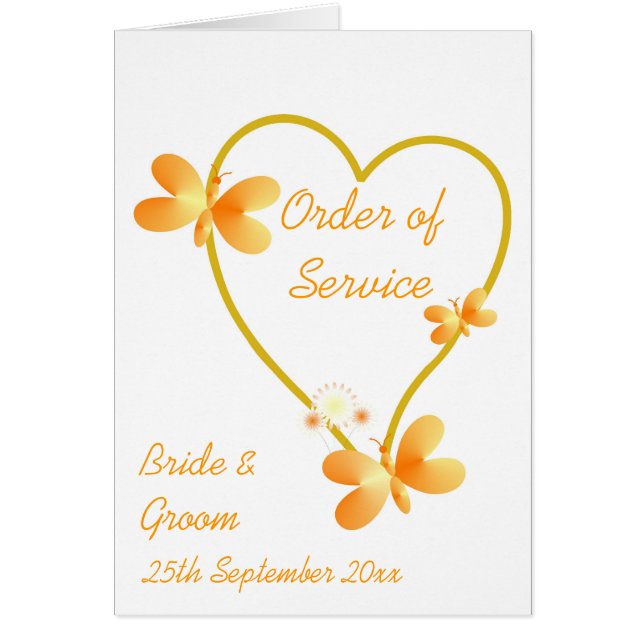 Gold Heart and Butterflies Order of Service Card (Vorne)
