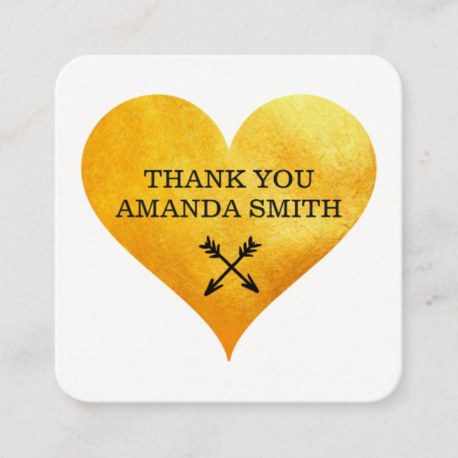 Gold Heart & Arrow / Danke Quadratische Visitenkarte (Vorderseite)
