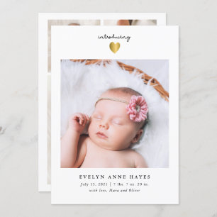 Gold Heart Baby Foto Birth Announcement Einladung