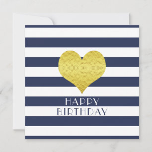 Gold Heart Blue Stripes Happy Birthday Feiertagskarte