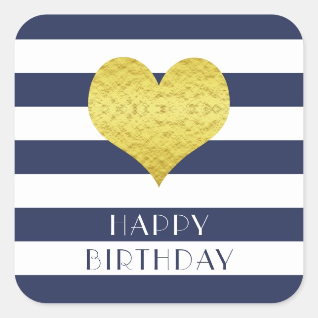 Gold Heart Blue Stripes Happy Birthday Quadratischer Aufkleber (Vorderseite)