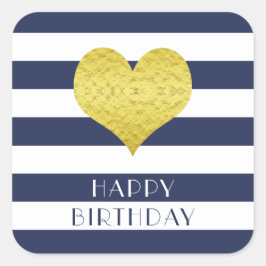 Gold Heart Blue Stripes Happy Birthday Quadratischer Aufkleber
