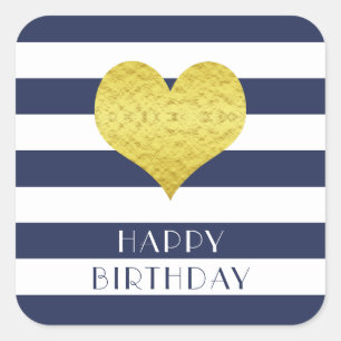 Gold Heart Blue Stripes Happy Birthday Quadratischer Aufkleber