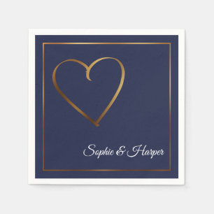Gold Heart & Border mit Namen auf Navy Blue Serviette