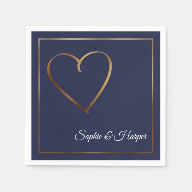 Gold Heart & Border mit Namen auf Navy Blue Serviette (Vorderseite)