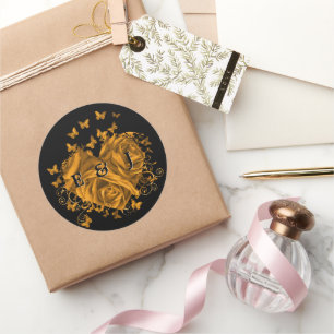 Gold Heart Braut & Bräutigam Schmetterlinge Wirbel Runder Aufkleber