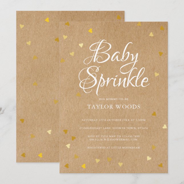 Gold Heart Confetti Baby Sprinkle Rustic Kraft Einladung (Vorne/Hinten)