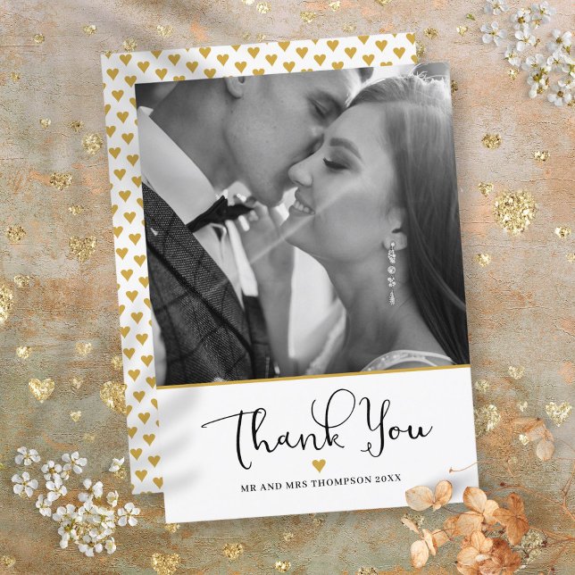 Gold Heart Elegantes Script Wedding Foto Dankeskarte (Gold Heart Elegant Script Wedding Photo Thank You Card)