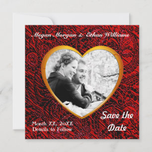 Gold Heart Frame & Red Fabric Foto hinzufügen Save The Date