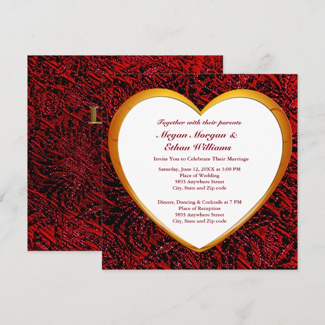 Gold Heart Frame & Red Fabric Wedding Square Einladung (Vorne/Hinten)