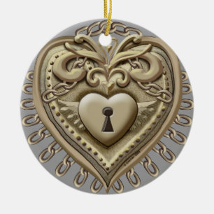 Gold Heart Lock Keramikornament