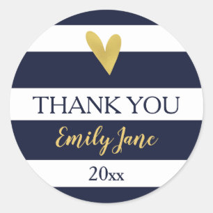 Gold Heart Navy Blue Stripes Baby Shower Stickers